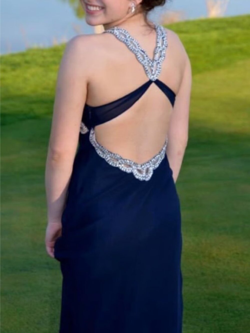Navy Beaded Halter Formal Dress